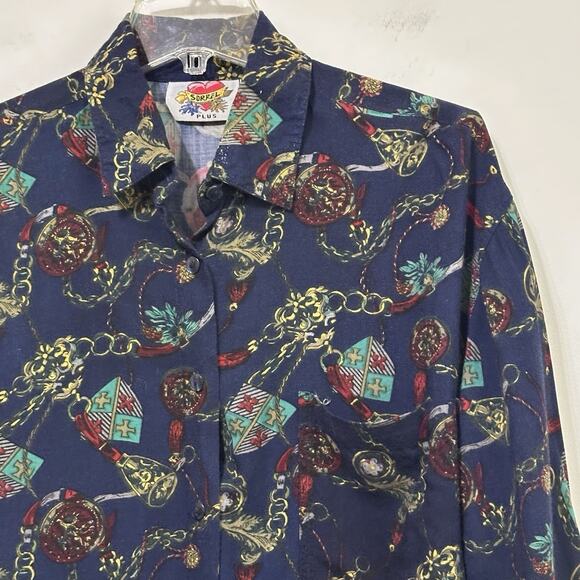 Sorrel Plus Blouse 18 Vintage Button Front Chains Crests Rayon Long Sleeve Top - Picture 3 of 9